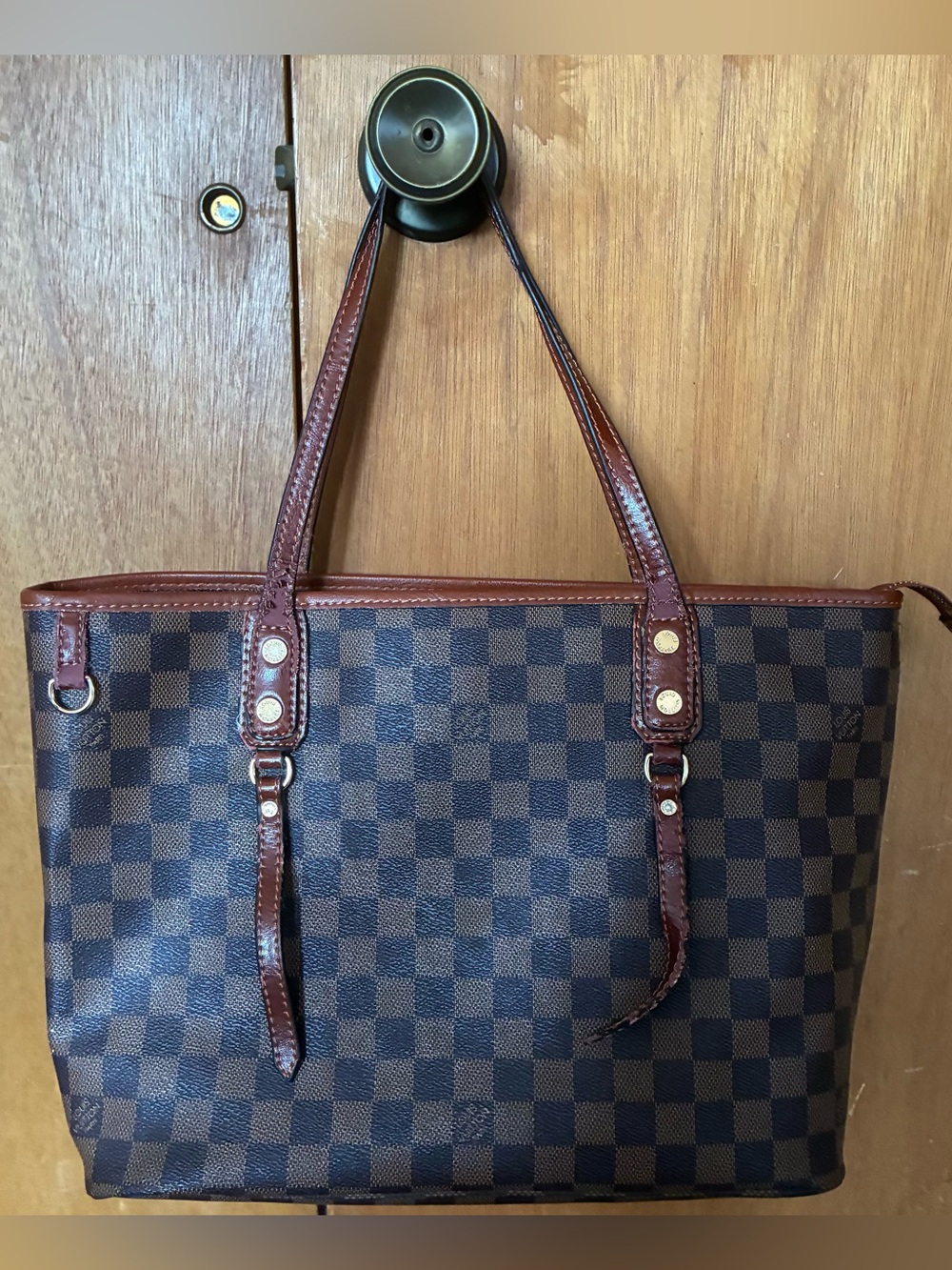 Luis Vuitton Brown Checkered Tote Bag with Dark Brown Trim